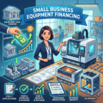 Businesswoman presenting small business equipment financing steps and machinery