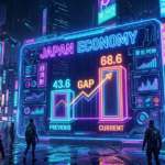 Neon digital display showing Japan economy statistics with previous and current values and an upward trend line