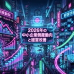 Digital display showing 2026 small and medium enterprise bankruptcy trends and management improvement strategies in a futuristic city